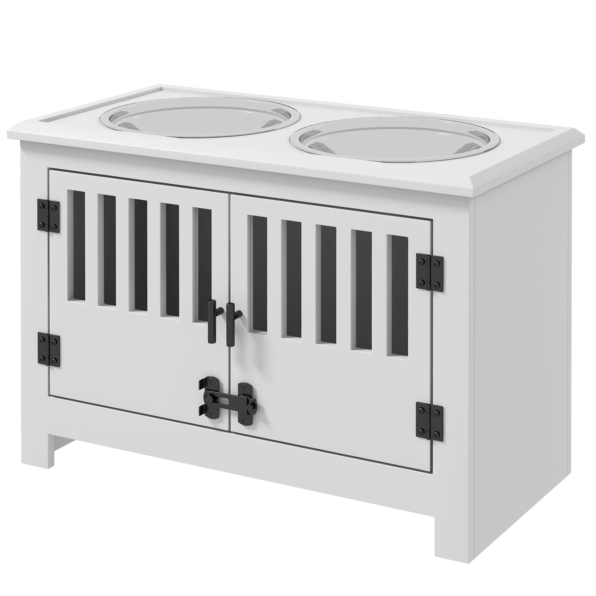 Feeding Bowl, Elevated Feeding Station with 2L Stainless Steel Bowl, Storage Space, Double Locking Door, Dog Bar for Extra Large Dogs, White