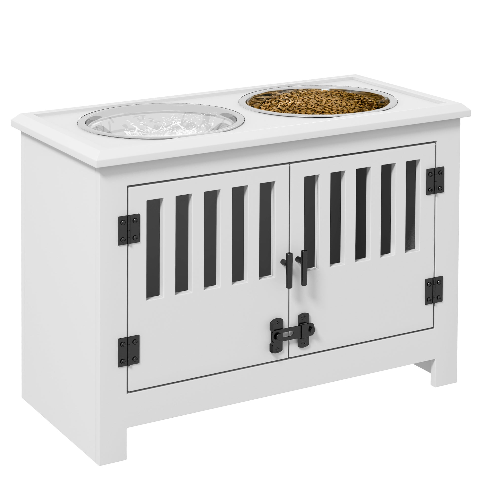 Feeding Bowl, Elevated Feeding Station with 2L Stainless Steel Bowl, Storage Space, Double Locking Door, Dog Bar for Extra Large Dogs, White