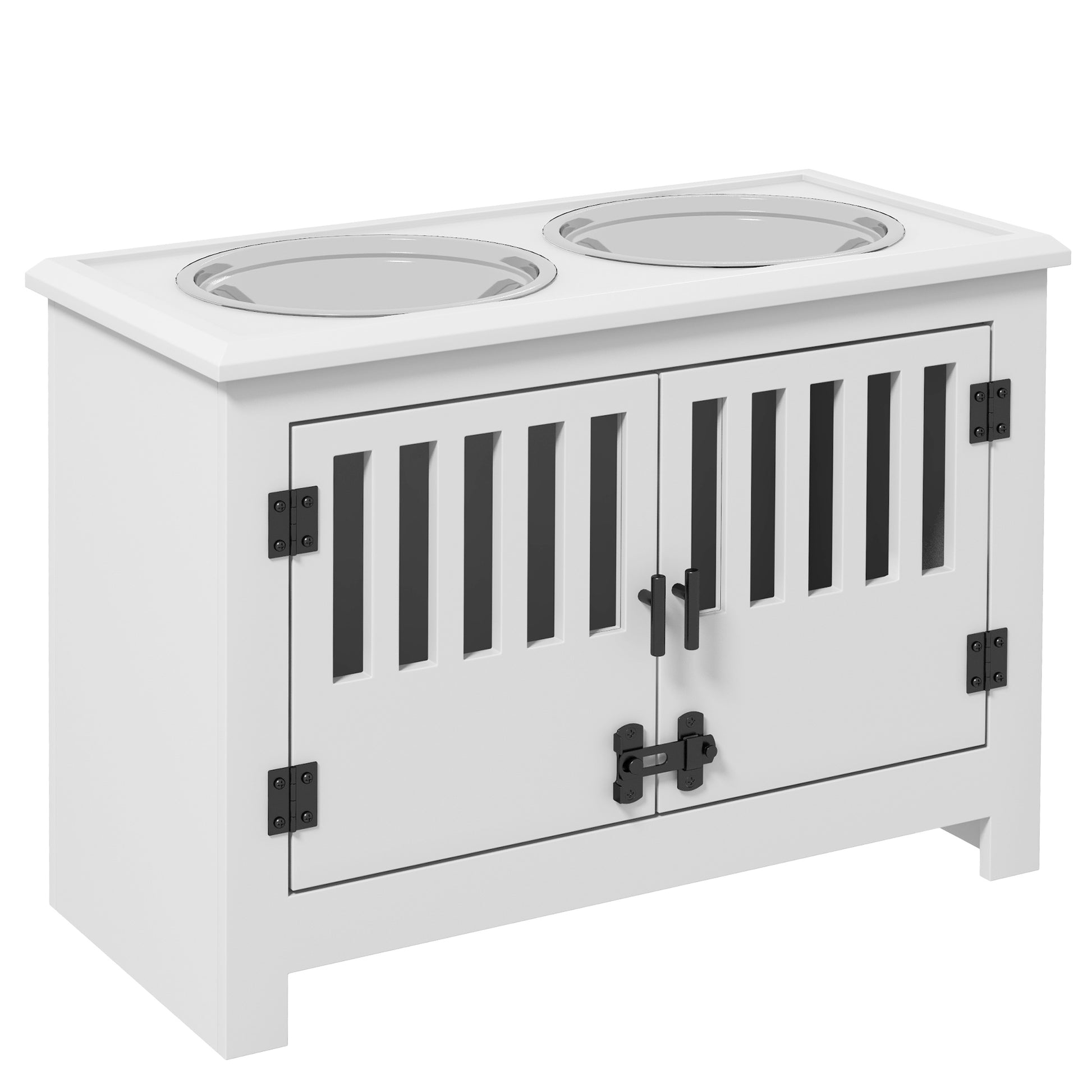 Feeding Bowl, Elevated Feeding Station with 2L Stainless Steel Bowl, Storage Space, Double Locking Door, Dog Bar for Extra Large Dogs, White