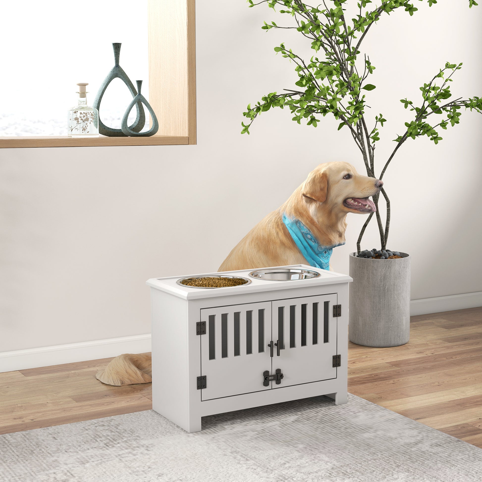 Feeding Bowl, Elevated Feeding Station with 2L Stainless Steel Bowl, Storage Space, Double Locking Door, Dog Bar for Extra Large Dogs, White
