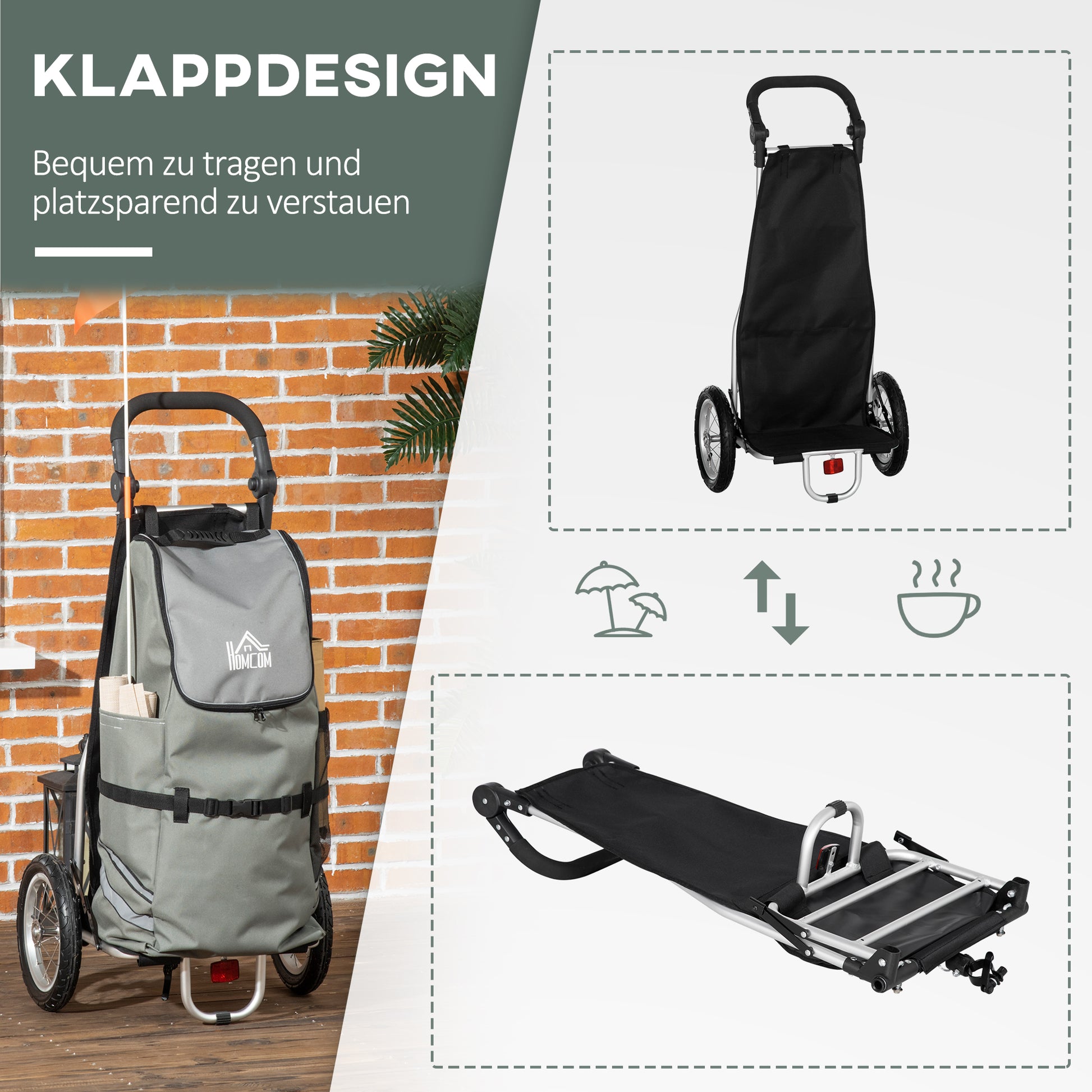2-in-1 Cargo Trailer Shopping Trolley for Bicycle Trailer Transport Trailer with Connection Clamps for Bike Hitch 24.3 kg Max 55 L Alu+Oxford Gray+Silver 53 x 43 x 110 cm
