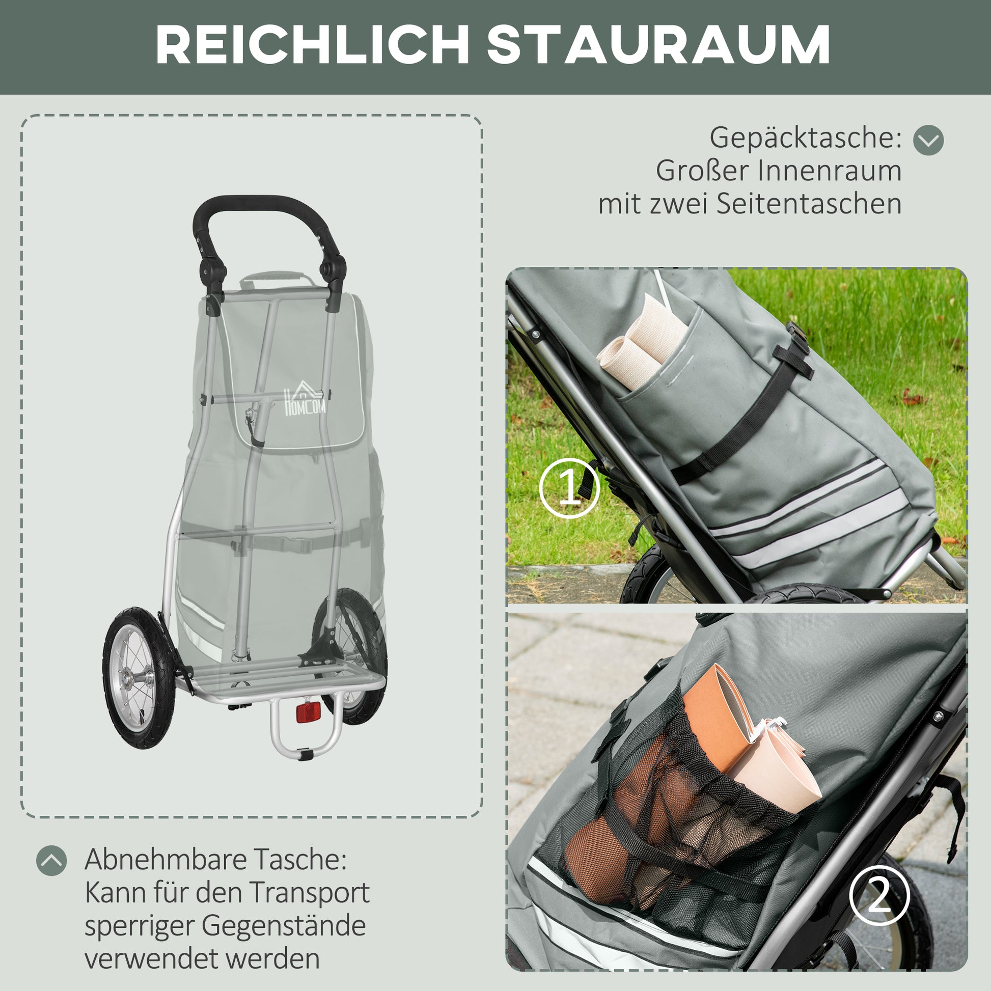 2-in-1 Cargo Trailer Shopping Trolley for Bicycle Trailer Transport Trailer with Connection Clamps for Bike Hitch 24.3 kg Max 55 L Alu+Oxford Gray+Silver 53 x 43 x 110 cm