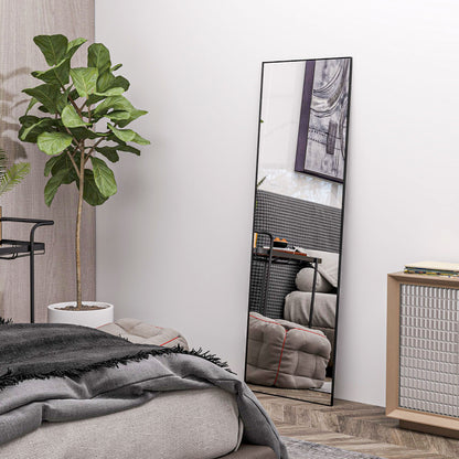 Modern Full Length Floor Mirror, 40x150 cm Rectangular Wall and Freestanding Mirror with Frame, Hooks, and Stand for Bedroom, Living Room, Entryway, Black