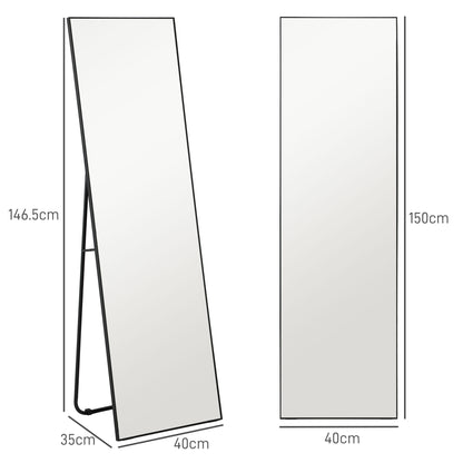 Modern Full Length Floor Mirror, 40x150 cm Rectangular Wall and Freestanding Mirror with Frame, Hooks, and Stand for Bedroom, Living Room, Entryway, Black