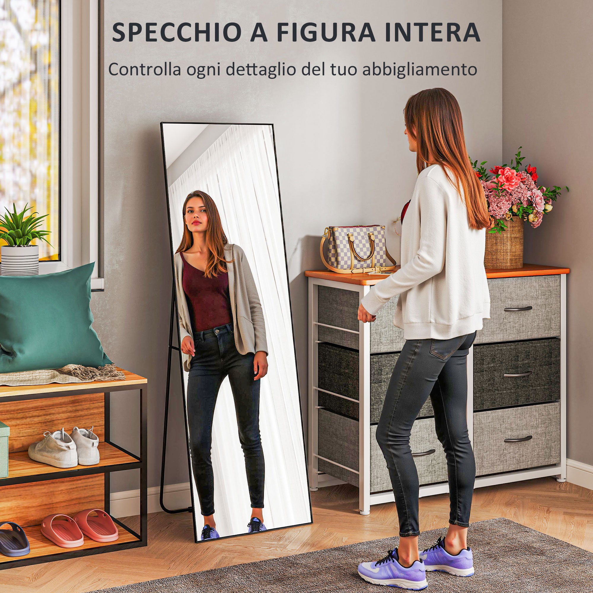 Modern Full Length Floor Mirror, 40x150 cm Rectangular Wall and Freestanding Mirror with Frame, Hooks, and Stand for Bedroom, Living Room, Entryway, Black