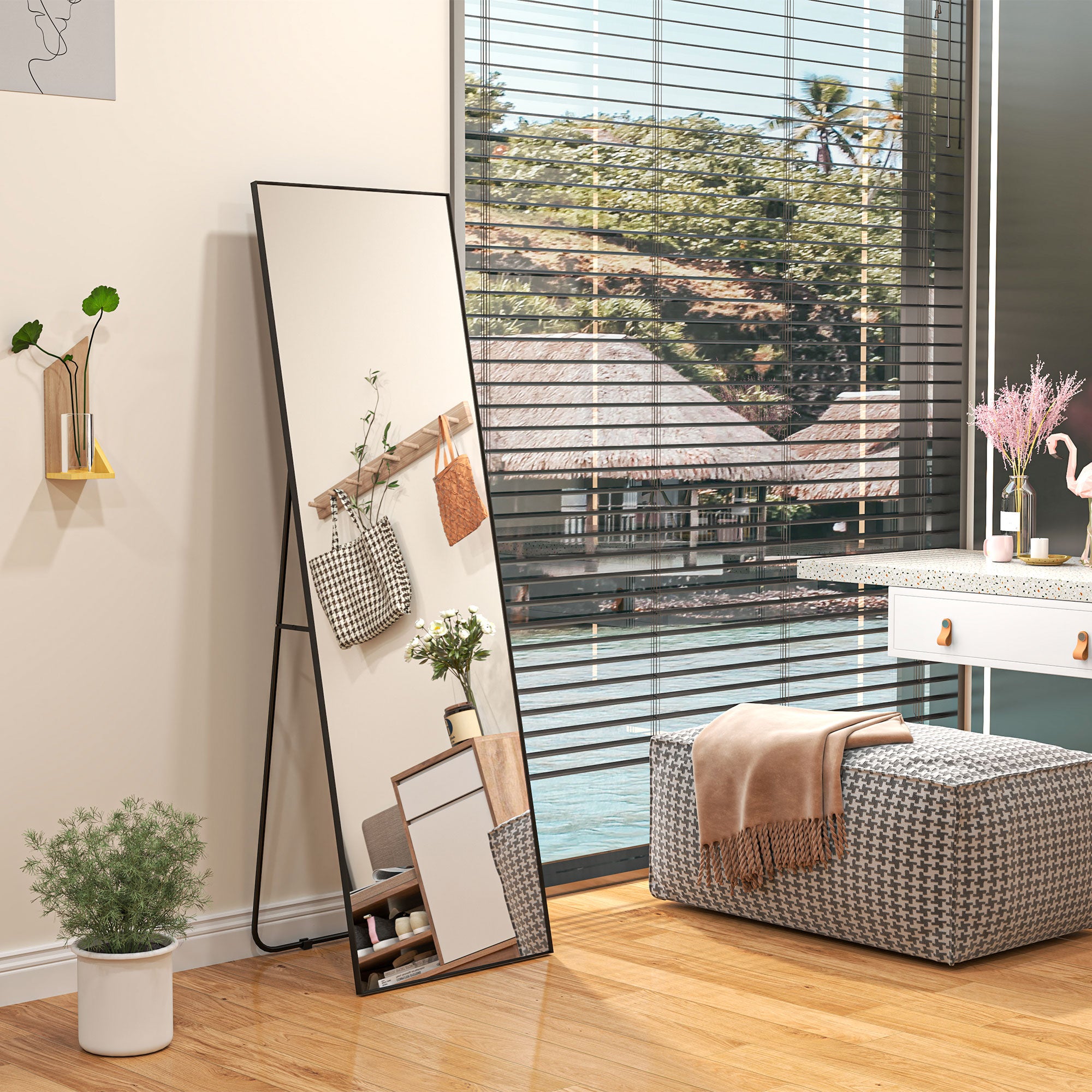 Modern Full Length Floor Mirror, 40x150 cm Rectangular Wall and Freestanding Mirror with Frame, Hooks, and Stand for Bedroom, Living Room, Entryway, Black