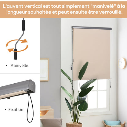 Outdoor Roller Blind 2.5 x 1.6m Retractable Vertical Sun Shade with Crank, Aluminum and Polyester 280g/m² UV50+ Protection, for Balcony, Patio, Terrace, and Garden, Cream