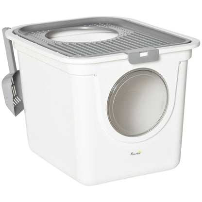 Cat Litter Box with Lid Covered Cat Toilet with Scoop XXL Cat Litter Box for Cats up to 5 kg 44 x 55 x 39 cm Gray + White