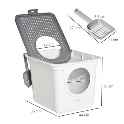 Cat Litter Box with Lid Covered Cat Toilet with Scoop XXL Cat Litter Box for Cats up to 5 kg 44 x 55 x 39 cm Gray + White