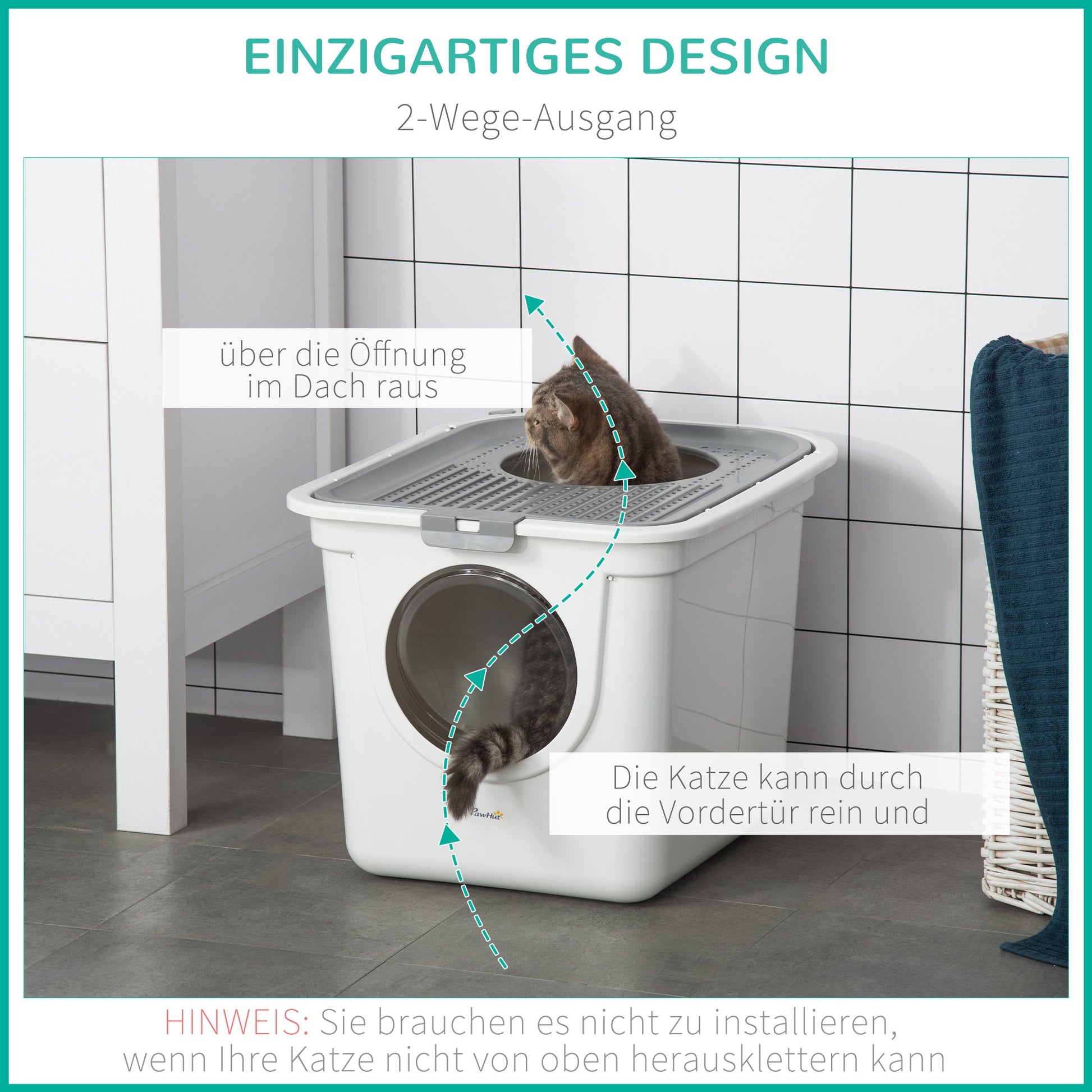 Cat Litter Box with Lid Covered Cat Toilet with Scoop XXL Cat Litter Box for Cats up to 5 kg 44 x 55 x 39 cm Gray + White