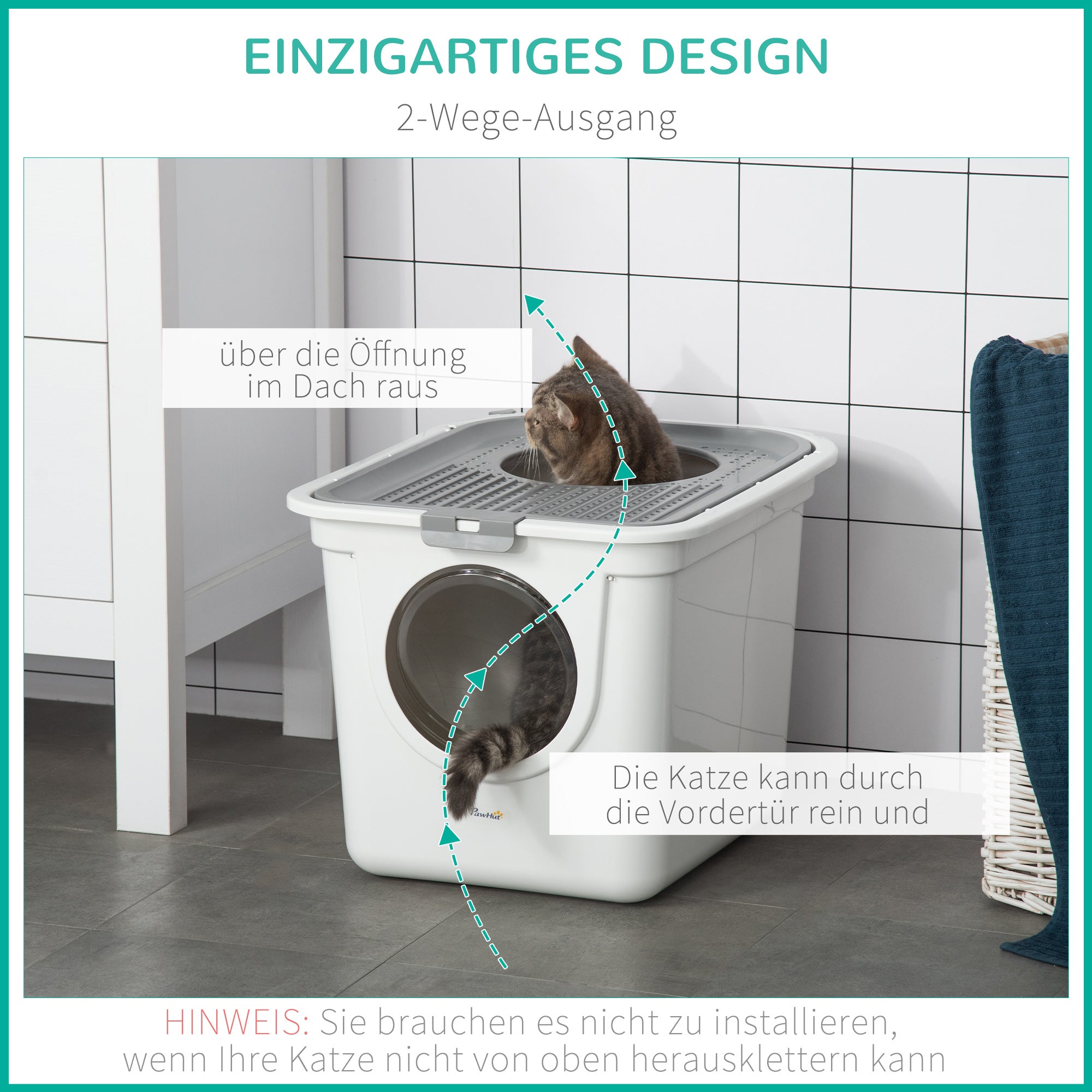 Cat Litter Box with Lid Covered Cat Toilet with Scoop XXL Cat Litter Box for Cats up to 5 kg 44 x 55 x 39 cm Gray + White
