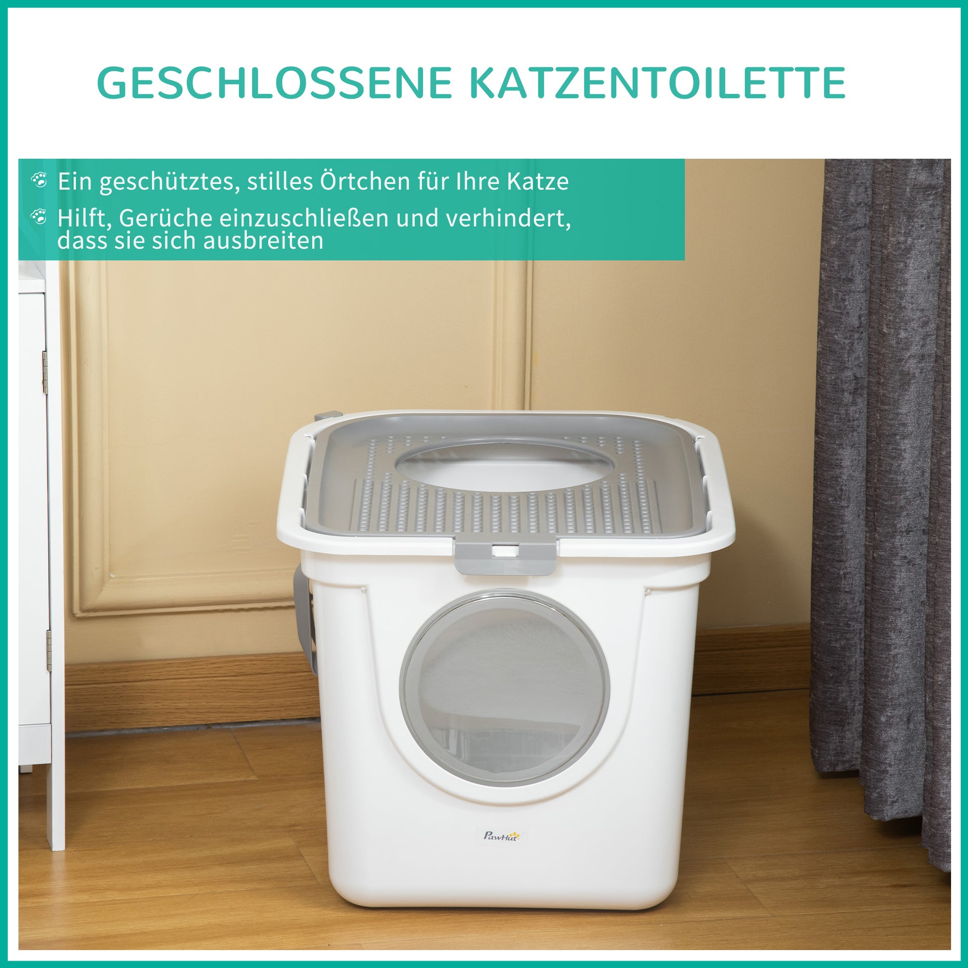 Cat Litter Box with Lid Covered Cat Toilet with Scoop XXL Cat Litter Box for Cats up to 5 kg 44 x 55 x 39 cm Gray + White