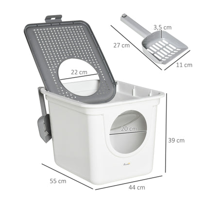 Cat Litter Box with Lid Covered Cat Toilet with Scoop XXL Cat Litter Box for Cats up to 5 kg 44 x 55 x 39 cm Gray + White