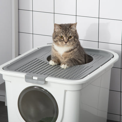 Cat Litter Box with Lid Covered Cat Toilet with Scoop XXL Cat Litter Box for Cats up to 5 kg 44 x 55 x 39 cm Gray + White