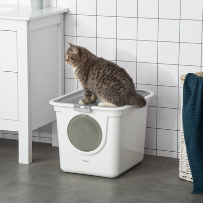 Cat Litter Box with Lid Covered Cat Toilet with Scoop XXL Cat Litter Box for Cats up to 5 kg 44 x 55 x 39 cm Gray + White