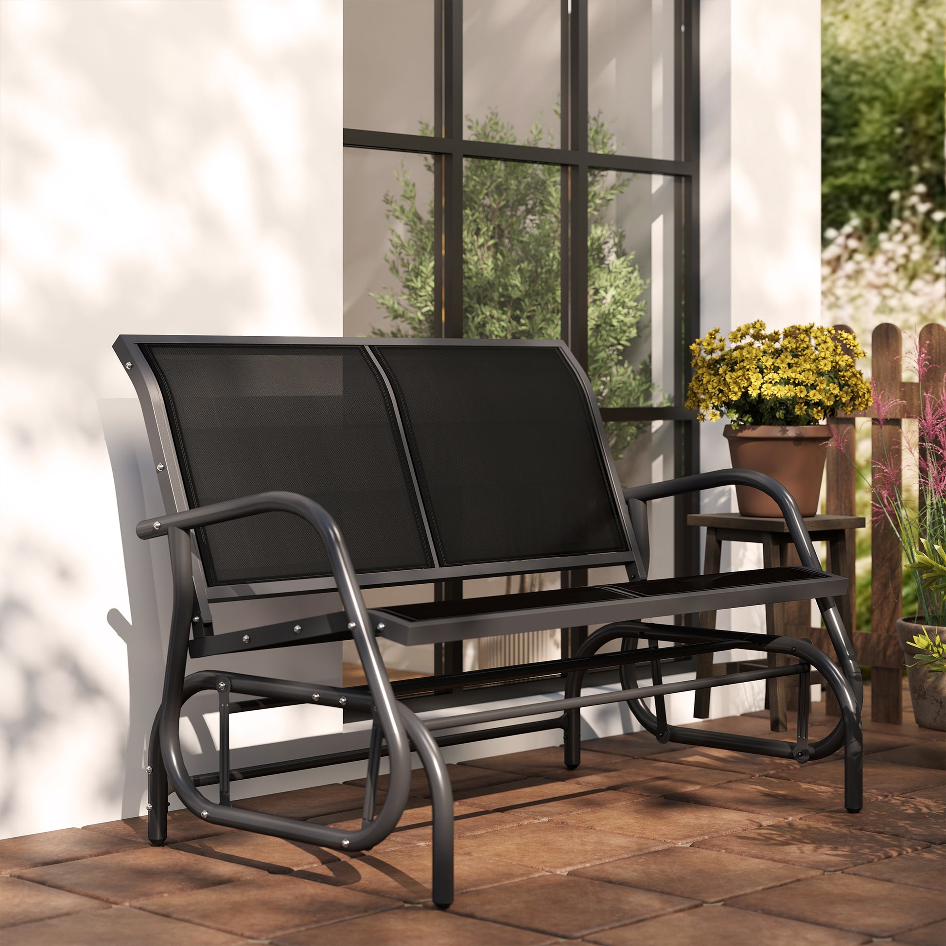 2-Seater Rocking Chair Garden Bench with Rocking Mechanism Metal Swing Bench up to 200 kg Load Capacity Garden Furniture for Garden, Terrace, Porch 120 x 70 x 85 cm Black