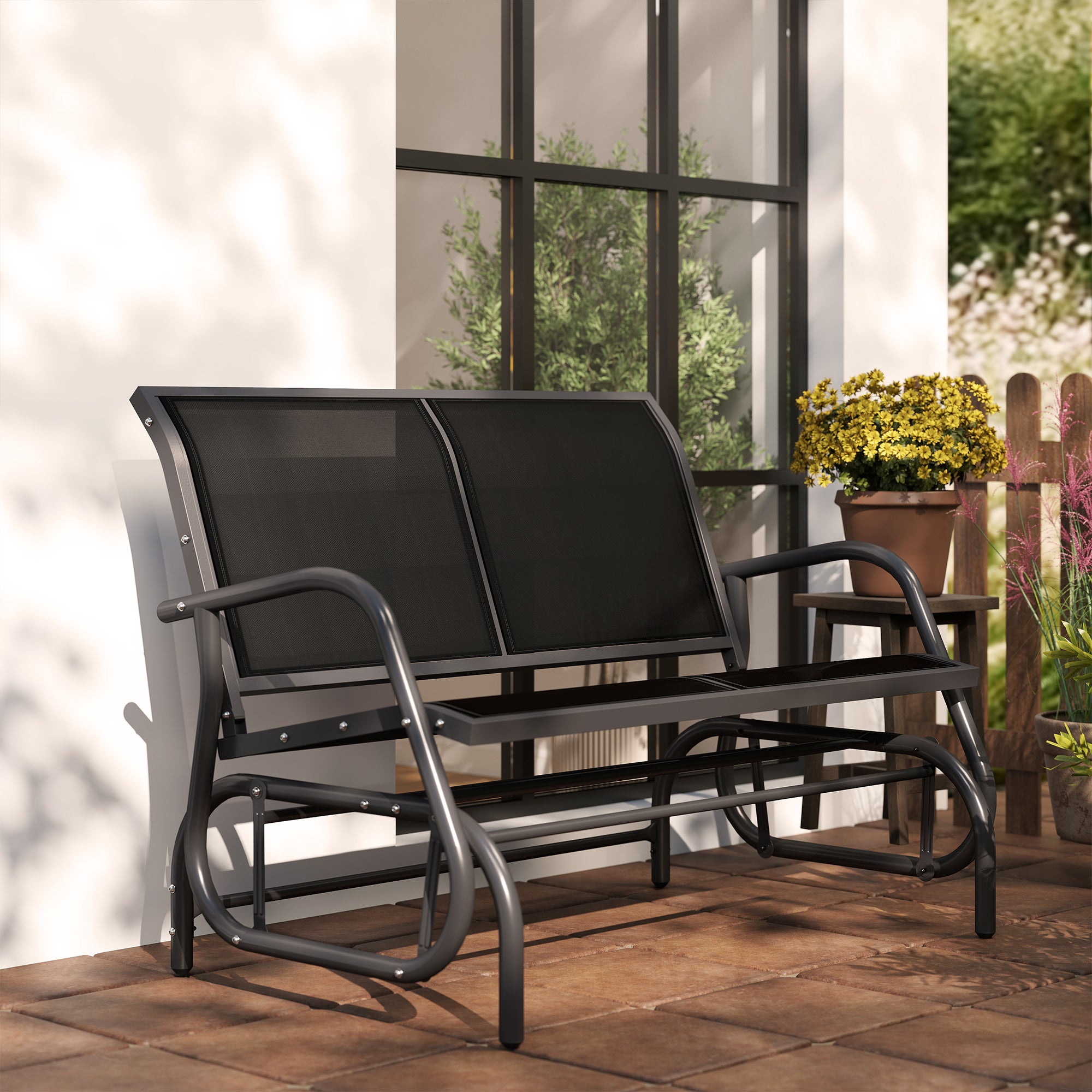 2-Seater Rocking Chair Garden Bench with Rocking Mechanism Metal Swing Bench up to 200 kg Load Capacity Garden Furniture for Garden, Terrace, Porch 120 x 70 x 85 cm Black