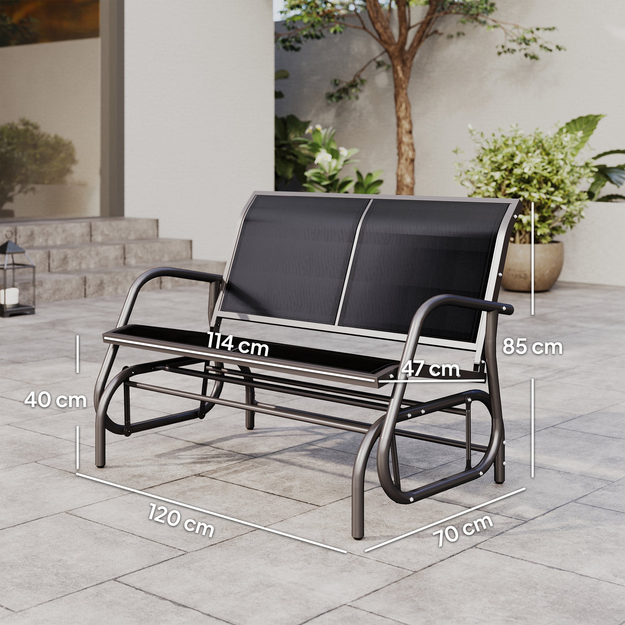 2-Seater Rocking Chair Garden Bench with Rocking Mechanism Metal Swing Bench up to 200 kg Load Capacity Garden Furniture for Garden, Terrace, Porch 120 x 70 x 85 cm Black
