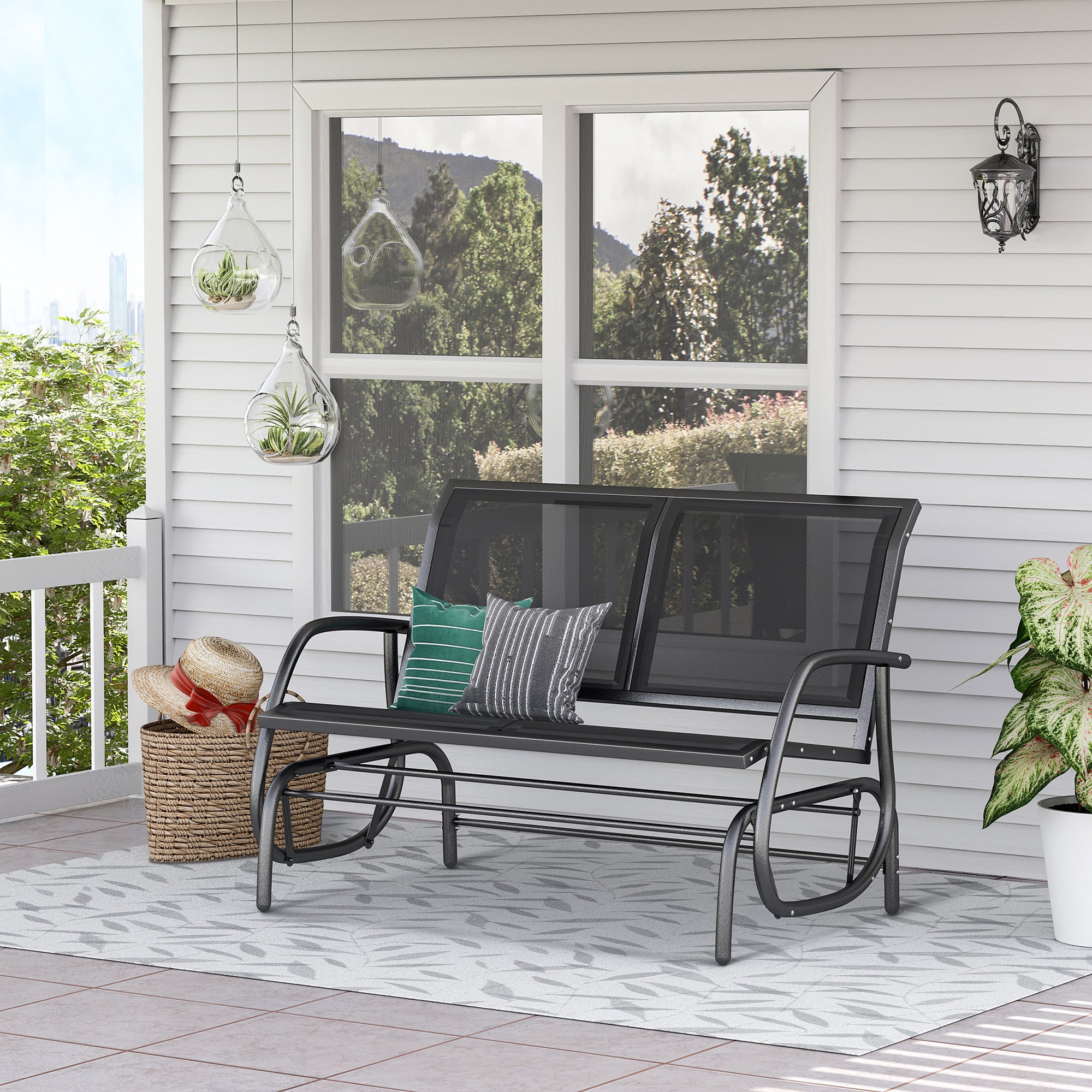 2-Seater Rocking Chair Garden Bench with Rocking Mechanism Metal Swing Bench up to 200 kg Load Capacity Garden Furniture for Garden, Terrace, Porch 120 x 70 x 85 cm Black