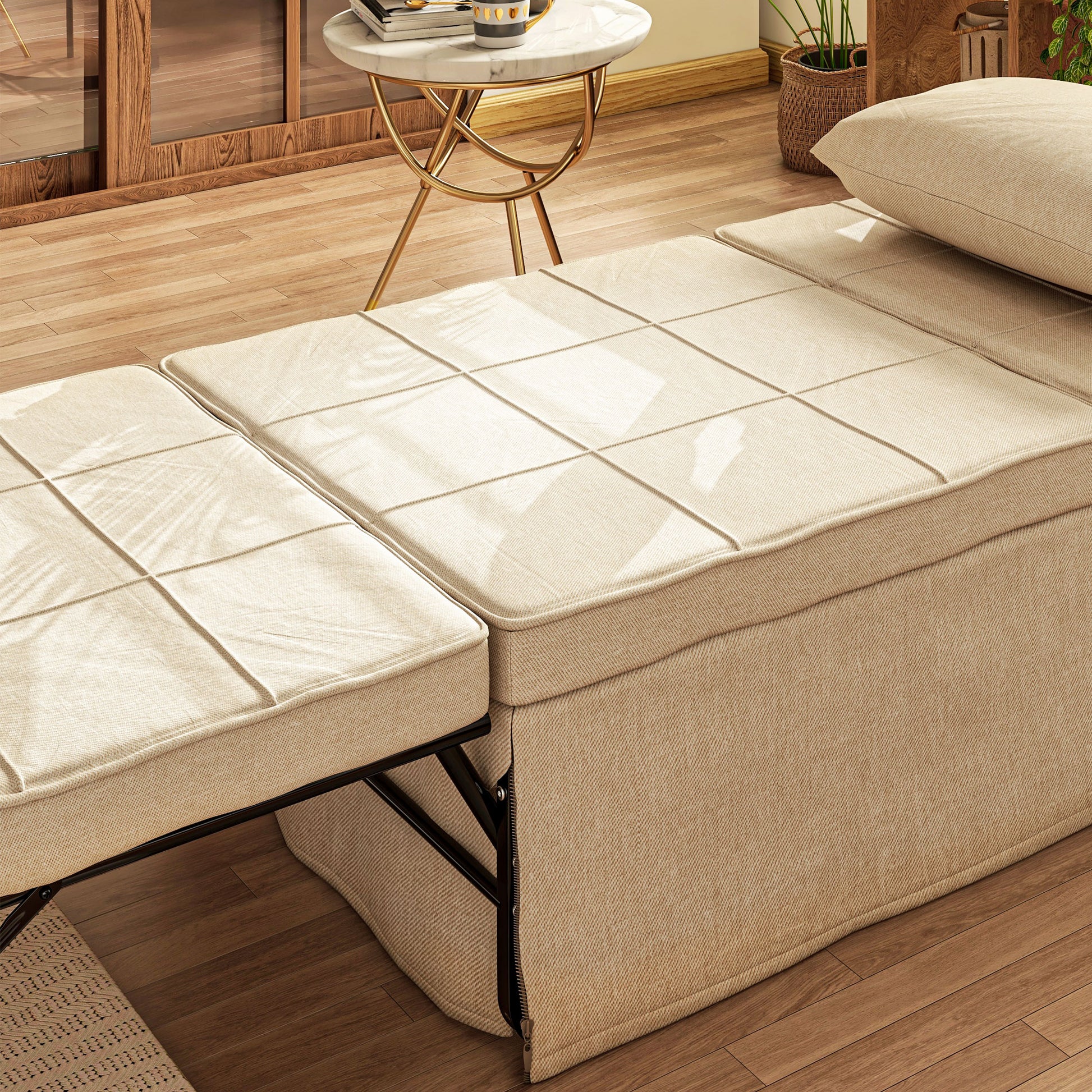 Convertible Chair Bed with Heating Function, Chaise Longue and Footstool 4 in 1 with 5-Position Reclining Backrest - 1 Seater - Includes Cushion and Storage Pocket - for Living Room, Bedroom - Cream