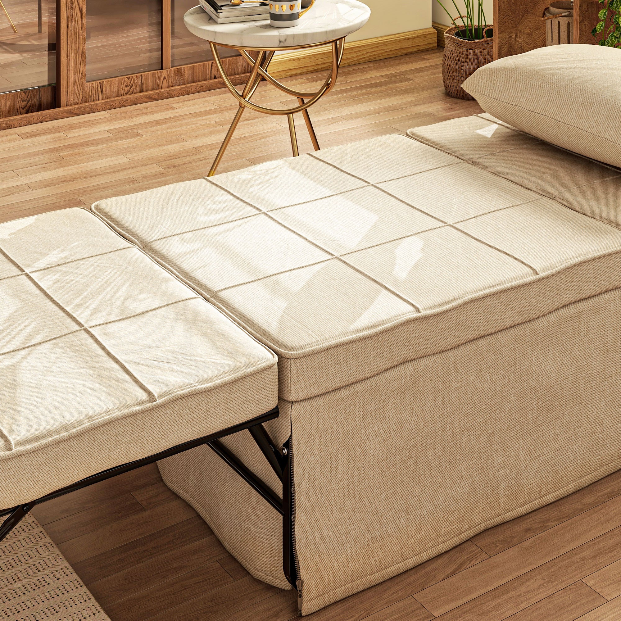 Convertible Chair Bed with Heating Function, Chaise Longue and Footstool 4 in 1 with 5-Position Reclining Backrest - 1 Seater - Includes Cushion and Storage Pocket - for Living Room, Bedroom - Cream