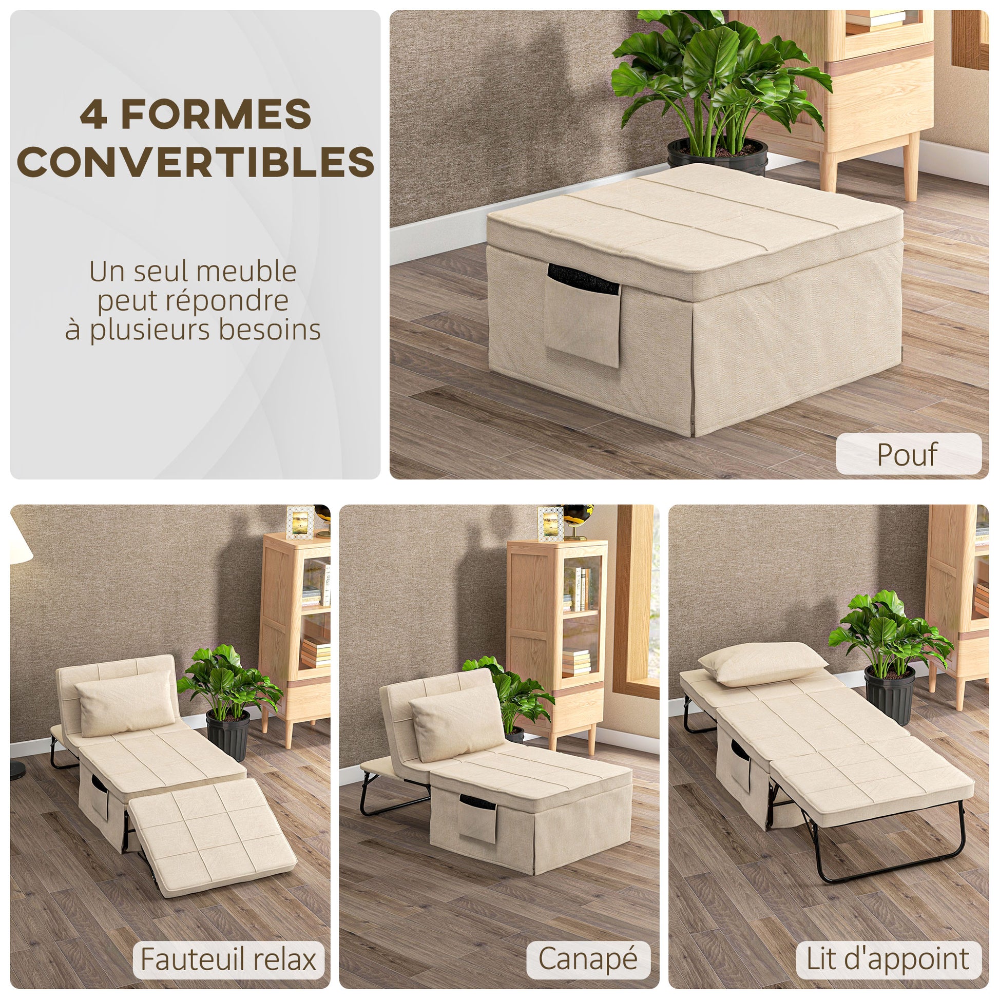 Convertible Chair Bed with Heating Function, Chaise Longue and Footstool 4 in 1 with 5-Position Reclining Backrest - 1 Seater - Includes Cushion and Storage Pocket - for Living Room, Bedroom - Cream