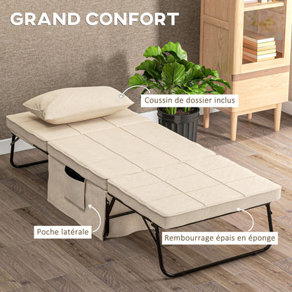 Convertible Chair Bed with Heating Function, Chaise Longue and Footstool 4 in 1 with 5-Position Reclining Backrest - 1 Seater - Includes Cushion and Storage Pocket - for Living Room, Bedroom - Cream