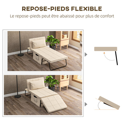 Convertible Chair Bed with Heating Function, Chaise Longue and Footstool 4 in 1 with 5-Position Reclining Backrest - 1 Seater - Includes Cushion and Storage Pocket - for Living Room, Bedroom - Cream