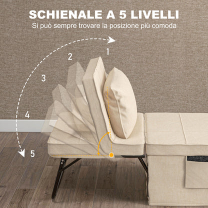 Convertible Chair Bed with Heating Function, Chaise Longue and Footstool 4 in 1 with 5-Position Reclining Backrest - 1 Seater - Includes Cushion and Storage Pocket - for Living Room, Bedroom - Cream