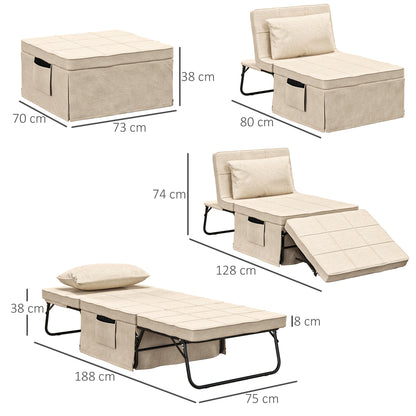 Convertible Chair Bed with Heating Function, Chaise Longue and Footstool 4 in 1 with 5-Position Reclining Backrest - 1 Seater - Includes Cushion and Storage Pocket - for Living Room, Bedroom - Cream