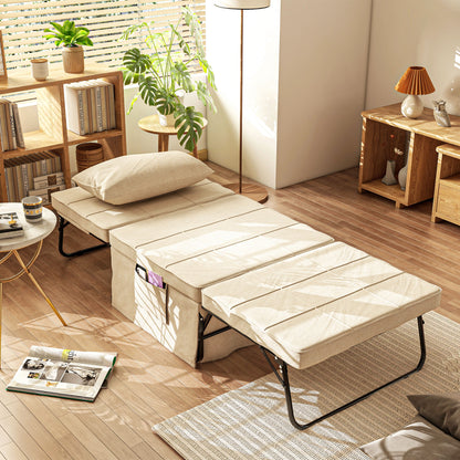 Convertible Chair Bed with Heating Function, Chaise Longue and Footstool 4 in 1 with 5-Position Reclining Backrest - 1 Seater - Includes Cushion and Storage Pocket - for Living Room, Bedroom - Cream