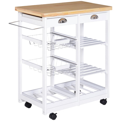 Multipurpose Kitchen Trolley with 2 Drawers, 6 Bottle Holders, 2 Side Shelves, and 2 Baskets, Pine Wood Cart, 74x37x76 cm, White