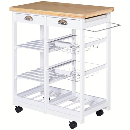 Multipurpose Kitchen Trolley with 2 Drawers, 6 Bottle Holders, 2 Side Shelves, and 2 Baskets, Pine Wood Cart, 74x37x76 cm, White