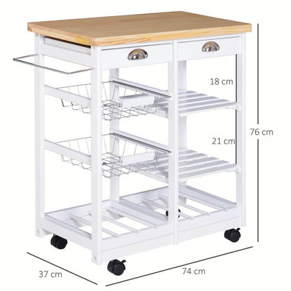 Multipurpose Kitchen Trolley with 2 Drawers, 6 Bottle Holders, 2 Side Shelves, and 2 Baskets, Pine Wood Cart, 74x37x76 cm, White