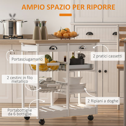 Multipurpose Kitchen Trolley with 2 Drawers, 6 Bottle Holders, 2 Side Shelves, and 2 Baskets, Pine Wood Cart, 74x37x76 cm, White
