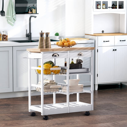 Multipurpose Kitchen Trolley with 2 Drawers, 6 Bottle Holders, 2 Side Shelves, and 2 Baskets, Pine Wood Cart, 74x37x76 cm, White