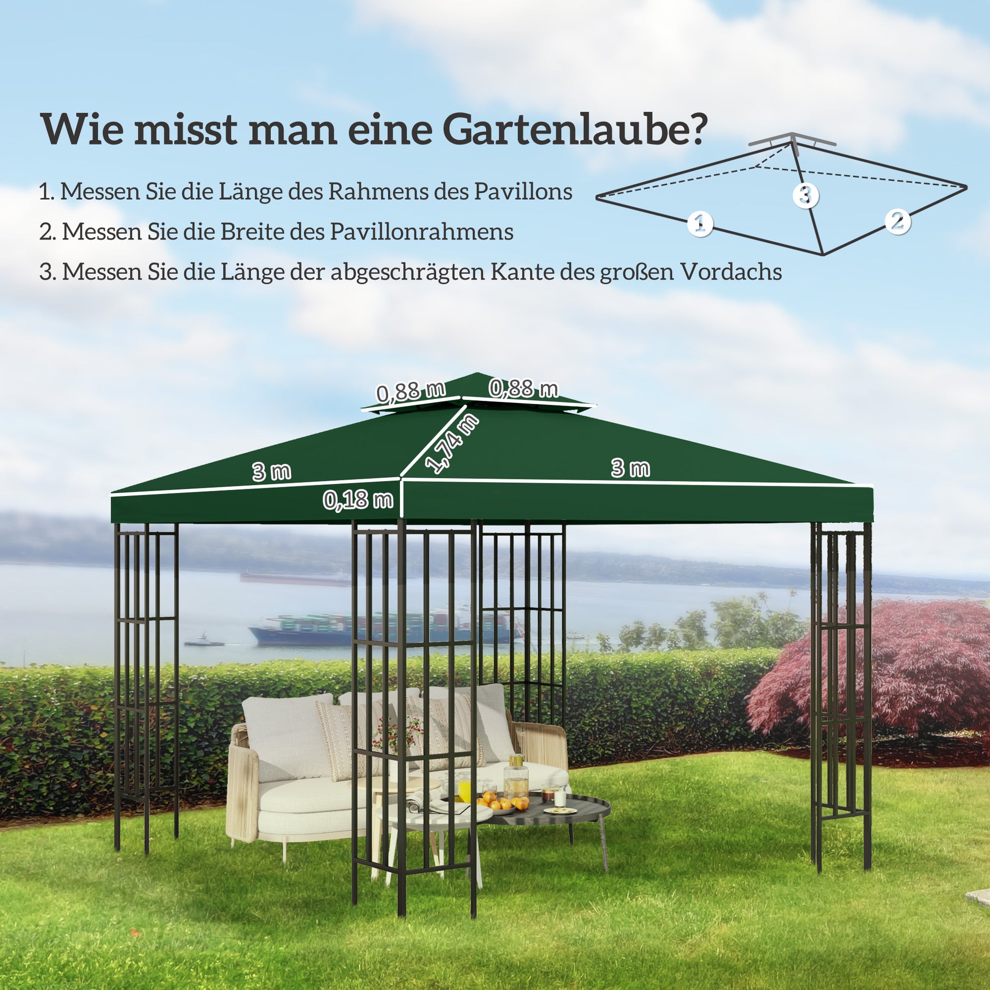 Replacement Roof for 3x3m Pavilion Water-Repellent Pavilion Roof for Metal Pavilion Pavilion Replacement Roof Garden Pavilion Party Tent Garden Tent Polyester Dark Green