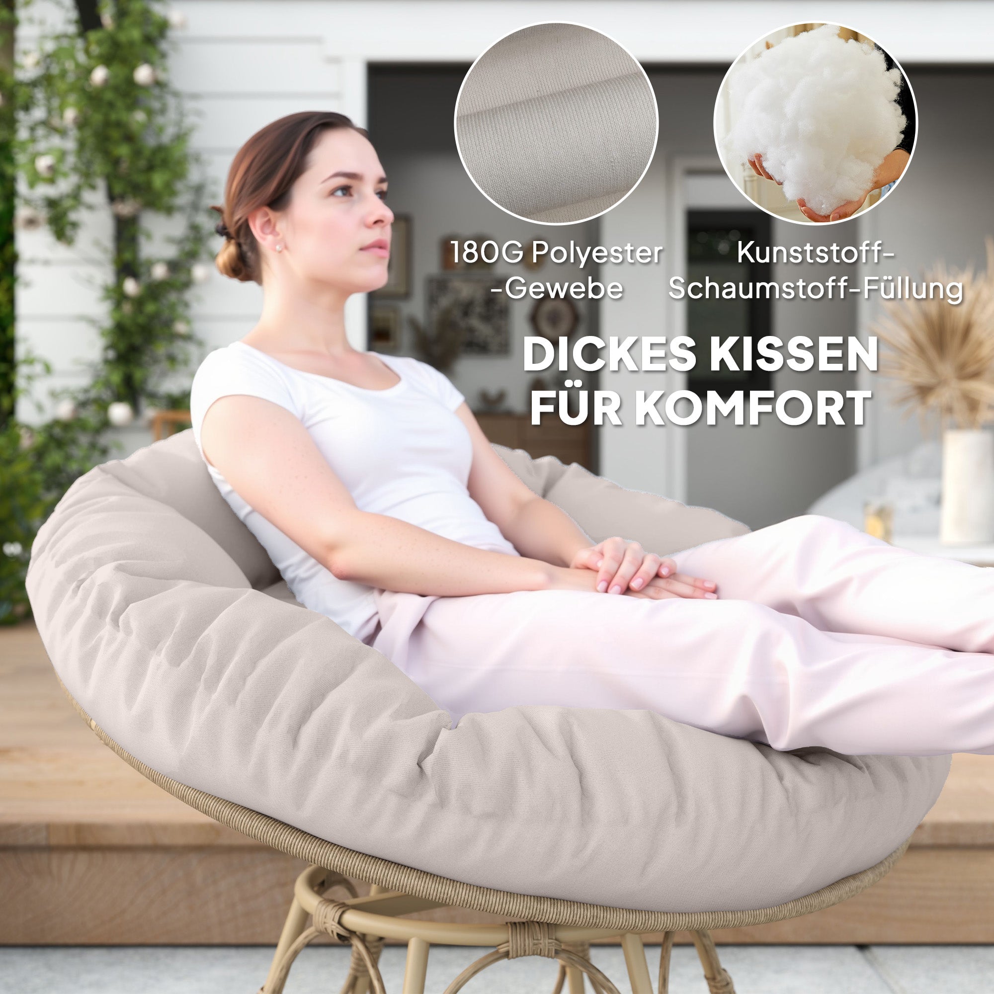 Papasan Chair Rattan 360° Swivel Basket Chair with Seat Cushion Diameter 100 cm Round Outdoor Rattan Swivel Lounge Recliner Chair for Living Room Garden Balcony Light Grey
