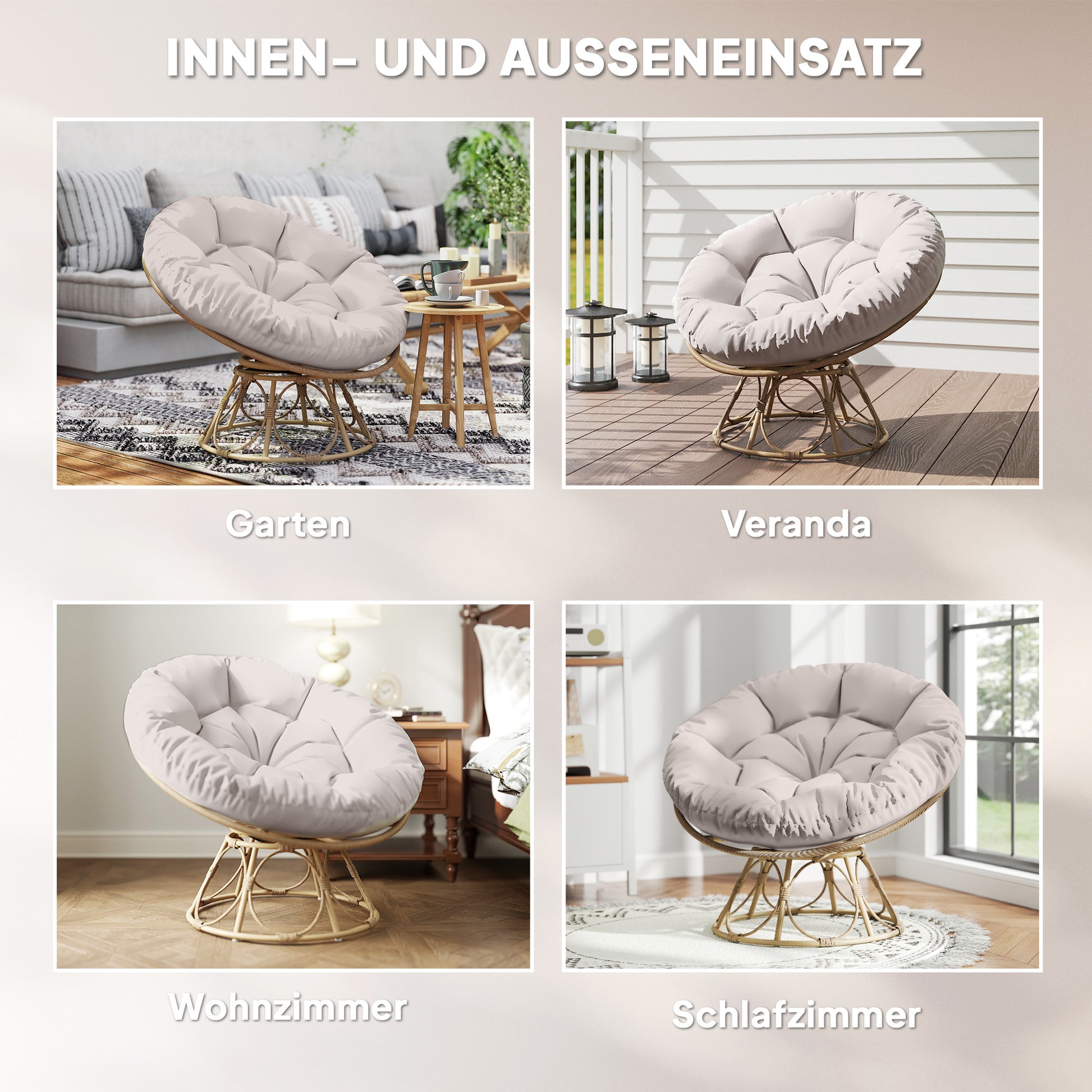Papasan Chair Rattan 360° Swivel Basket Chair with Seat Cushion Diameter 100 cm Round Outdoor Rattan Swivel Lounge Recliner Chair for Living Room Garden Balcony Light Grey