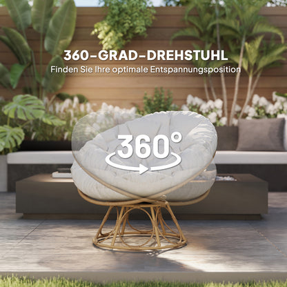 Papasan Chair Rattan 360° Swivel Basket Chair with Seat Cushion Diameter 100 cm Round Outdoor Rattan Swivel Lounge Recliner Chair for Living Room Garden Balcony Light Grey