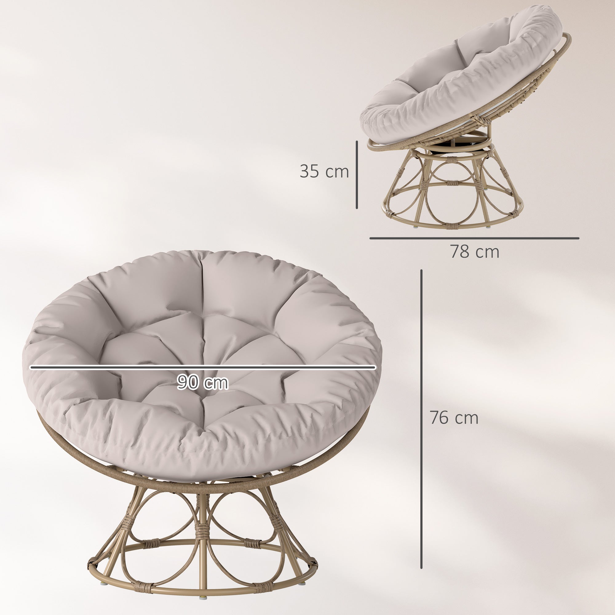 Papasan Chair Rattan 360° Swivel Basket Chair with Seat Cushion Diameter 100 cm Round Outdoor Rattan Swivel Lounge Recliner Chair for Living Room Garden Balcony Light Grey
