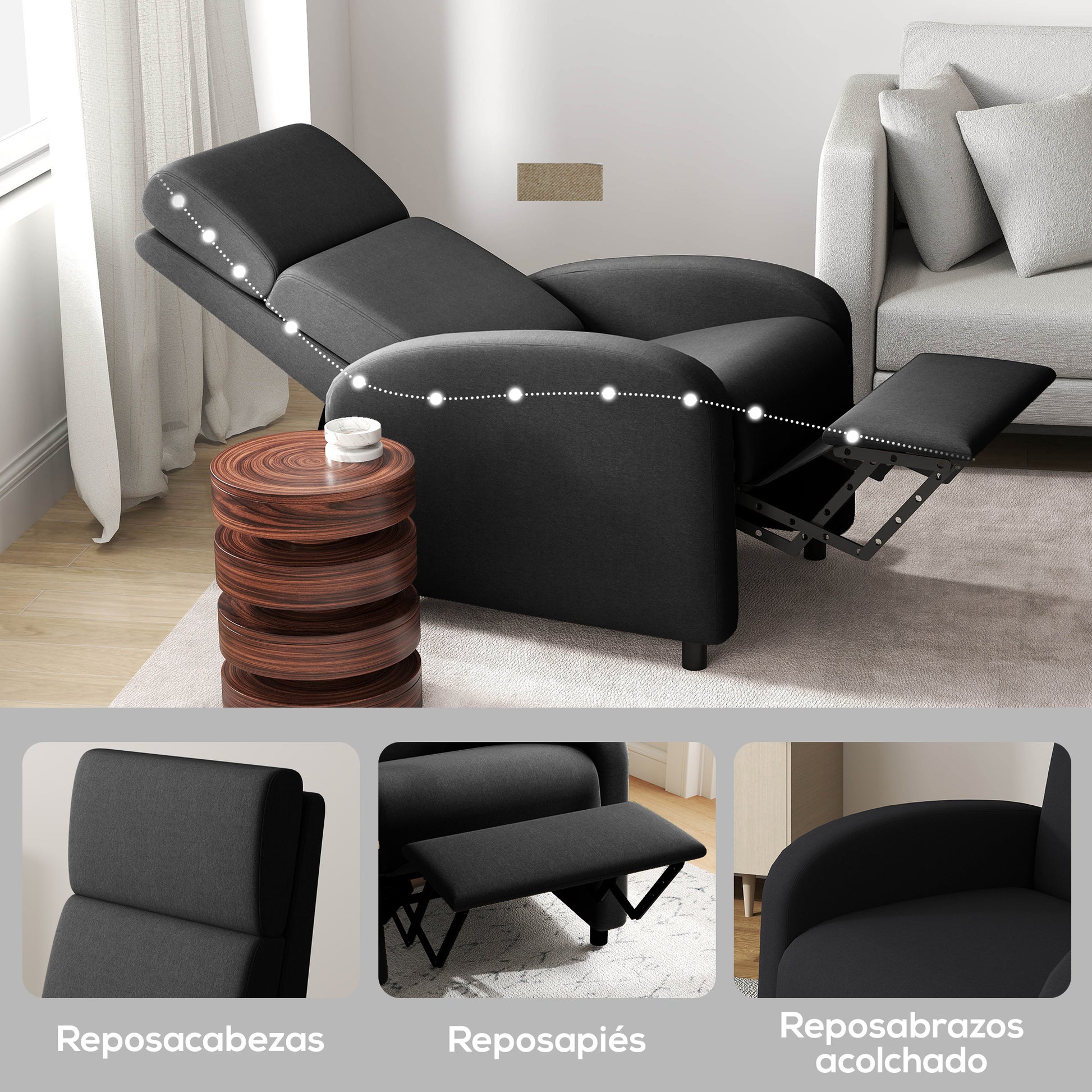 Manual Reclining Relax Armchair Upholstered in Synthetic Linen with Footrest High Back Support 120 kg Load Reclining Armchair for Bedroom Office Black