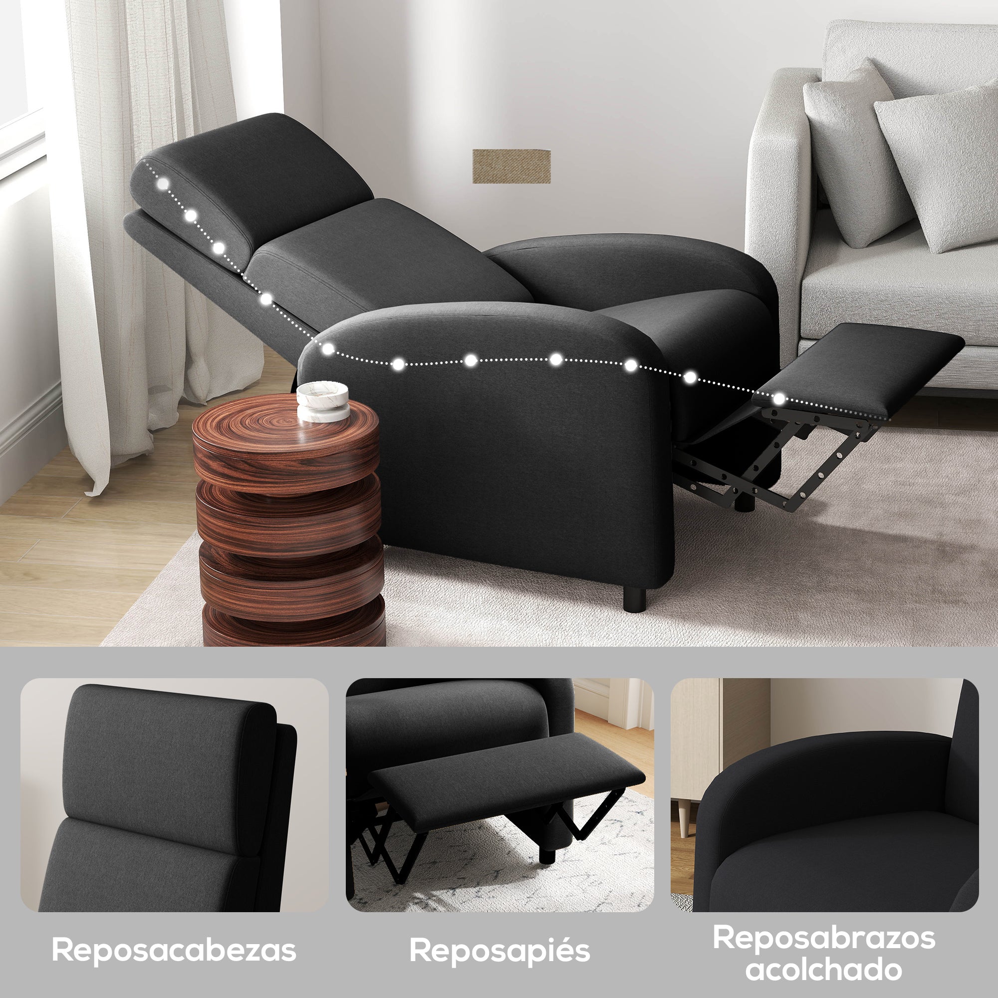 Manual Reclining Relax Armchair Upholstered in Synthetic Linen with Footrest High Back Support 120 kg Load Reclining Armchair for Bedroom Office Black