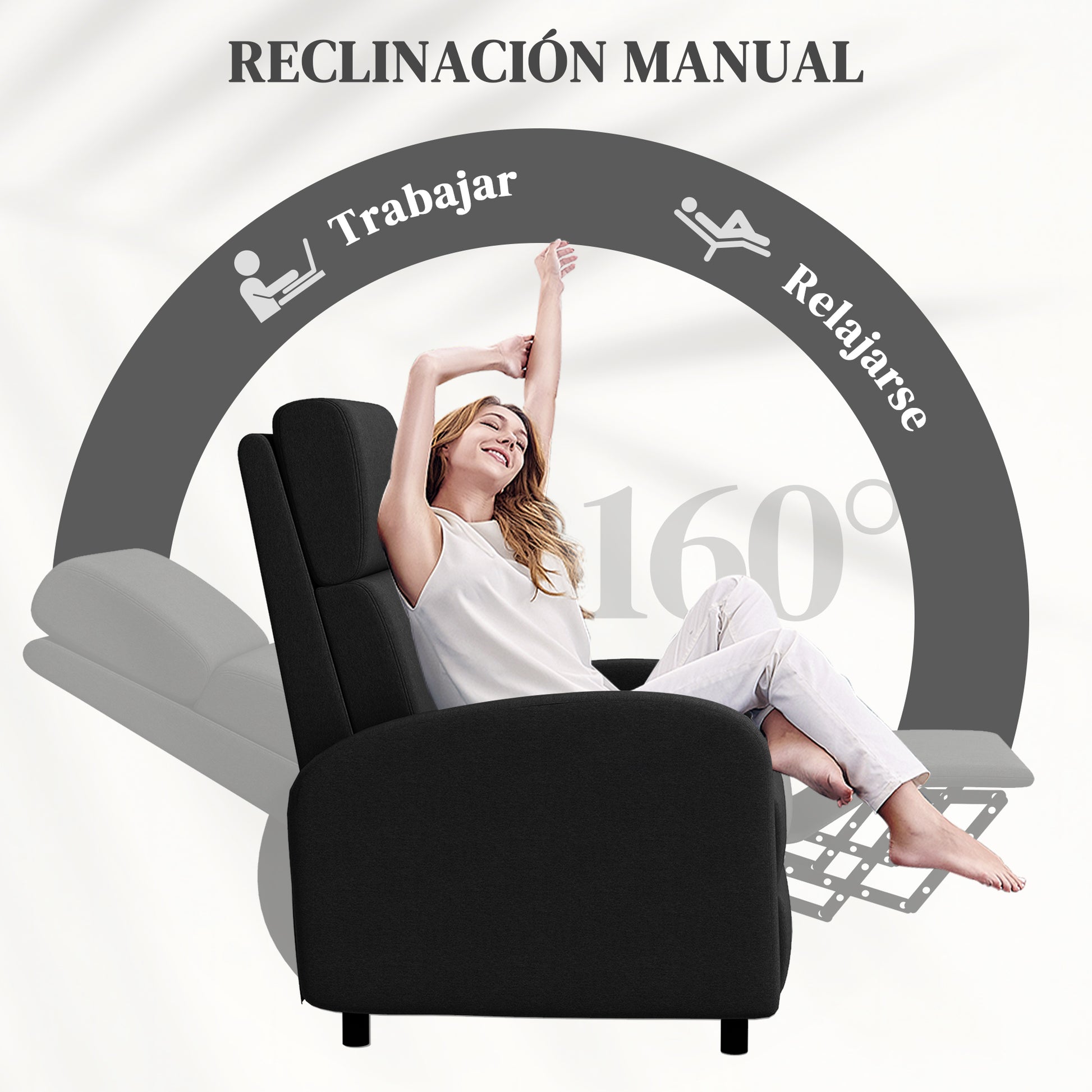 Manual Reclining Relax Armchair Upholstered in Synthetic Linen with Footrest High Back Support 120 kg Load Reclining Armchair for Bedroom Office Black