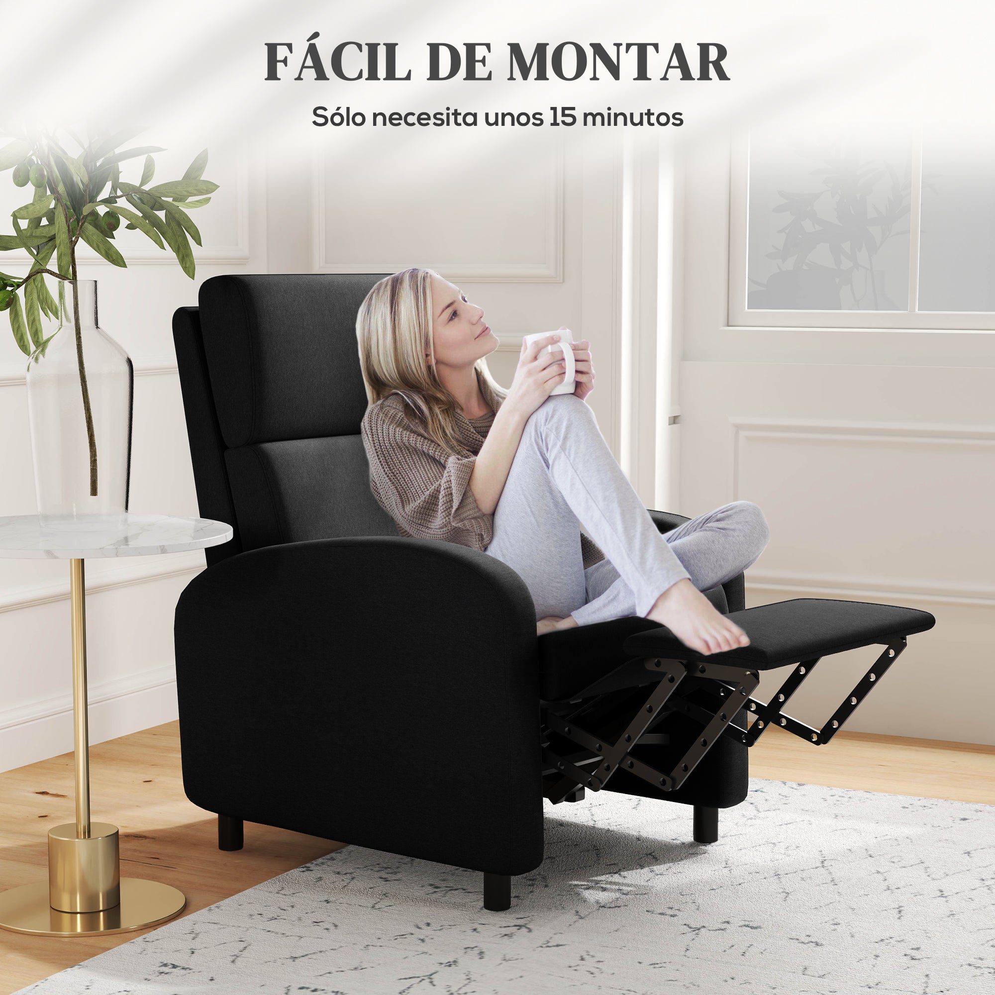Manual Reclining Relax Armchair Upholstered in Synthetic Linen with Footrest High Back Support 120 kg Load Reclining Armchair for Bedroom Office Black