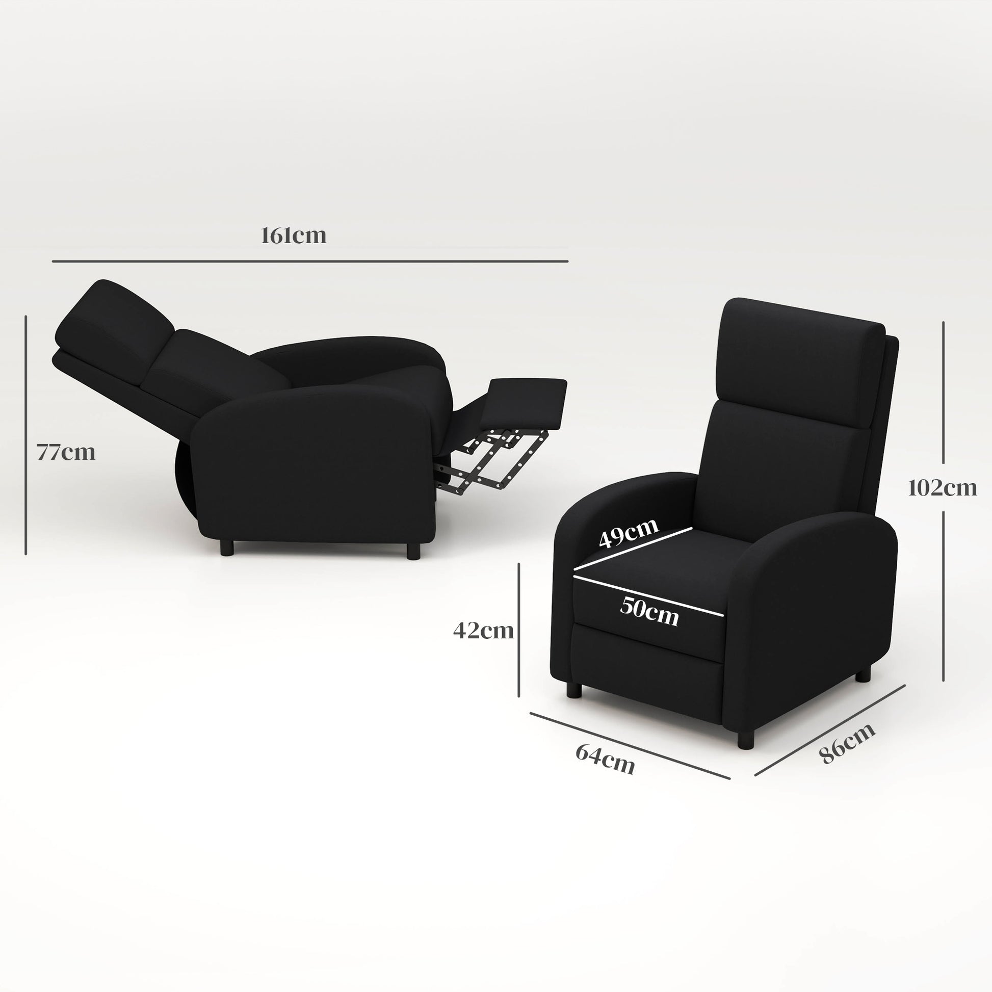 Manual Reclining Relax Armchair Upholstered in Synthetic Linen with Footrest High Back Support 120 kg Load Reclining Armchair for Bedroom Office Black