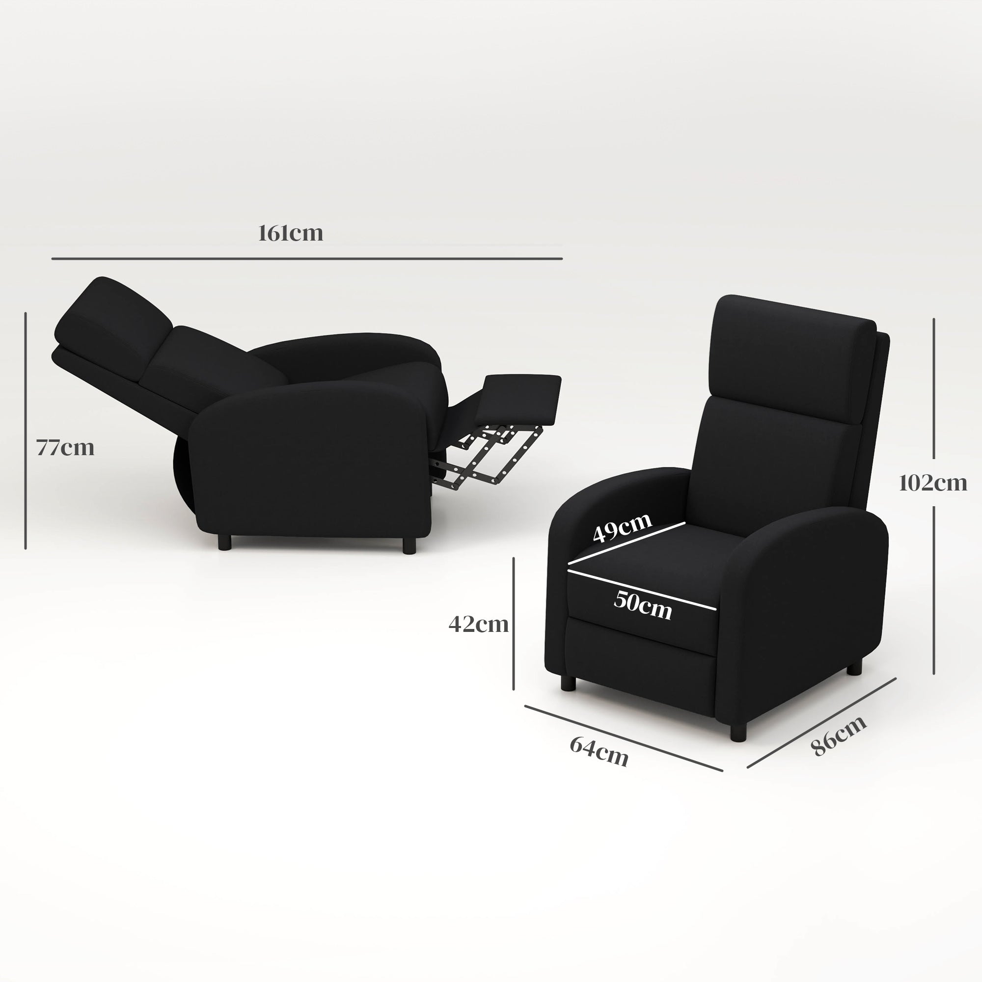 Manual Reclining Relax Armchair Upholstered in Synthetic Linen with Footrest High Back Support 120 kg Load Reclining Armchair for Bedroom Office Black