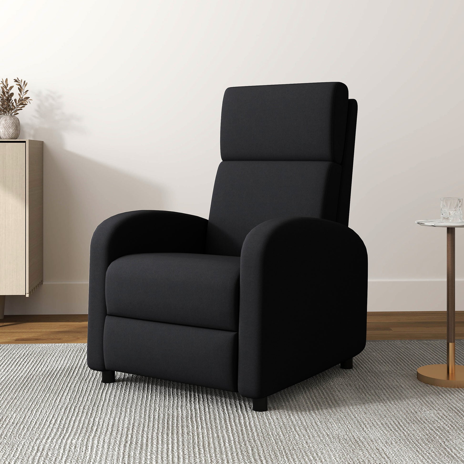 Manual Reclining Relax Armchair Upholstered in Synthetic Linen with Footrest High Back Support 120 kg Load Reclining Armchair for Bedroom Office Black