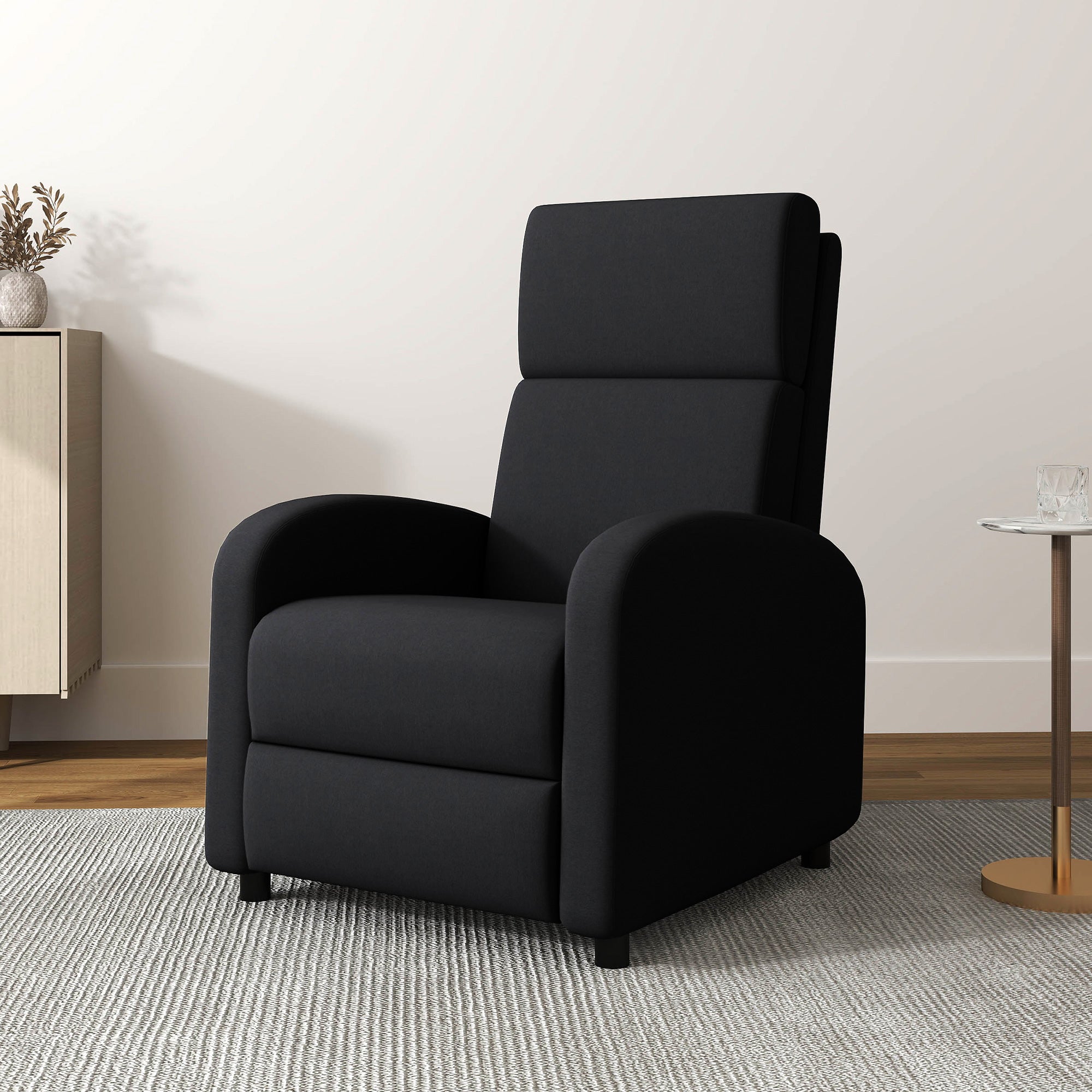 Manual Reclining Relax Armchair Upholstered in Synthetic Linen with Footrest High Back Support 120 kg Load Reclining Armchair for Bedroom Office Black