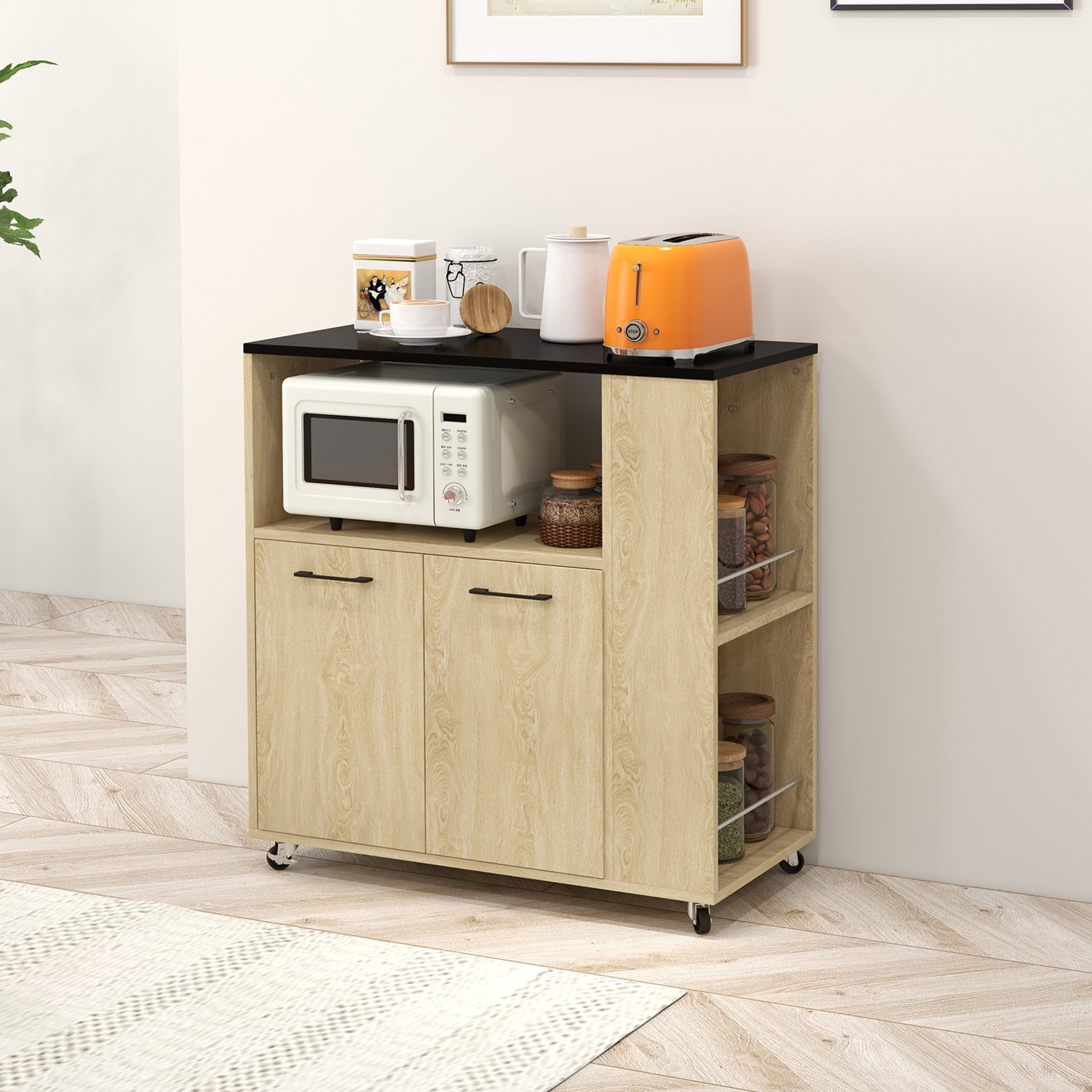 Rolling Kitchen Cart Service Trolley Adjustable Shelf Storage Unit for Kitchen and Living Room 75 x 40 x 80.5 cm Natural Wood Black